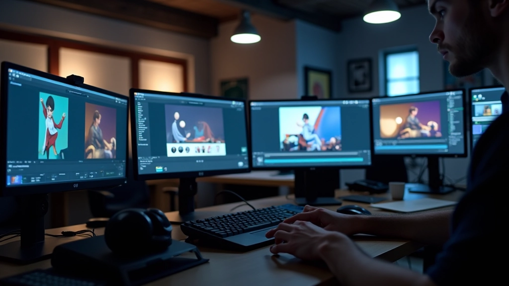 Studio d'animation moderne avec équipement professionnel et moniteurs affichant des timelines d'animation